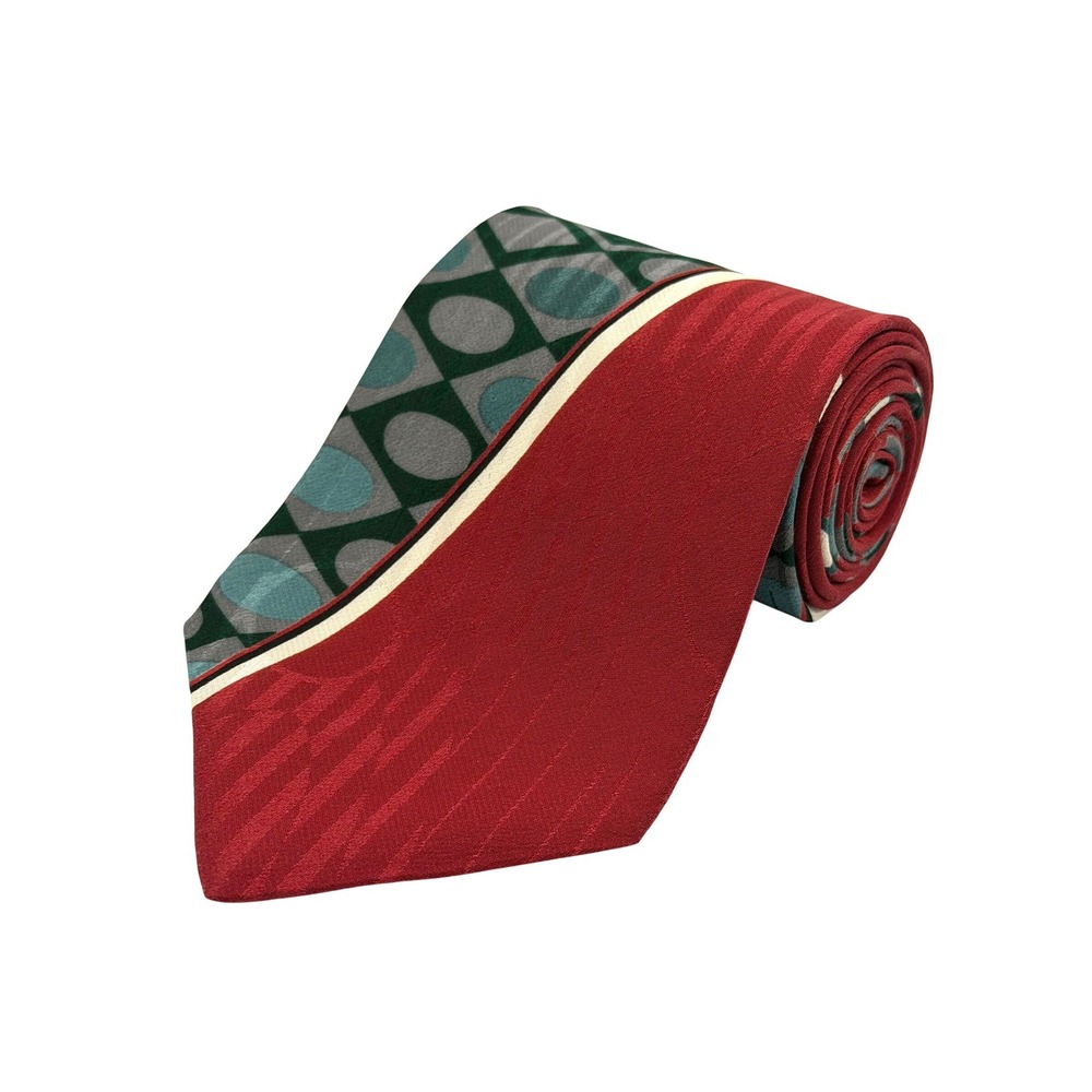 Zylos George‎ Machado 100% Silk Retro Geometric Abstract Red Green Gray Tie 57"L